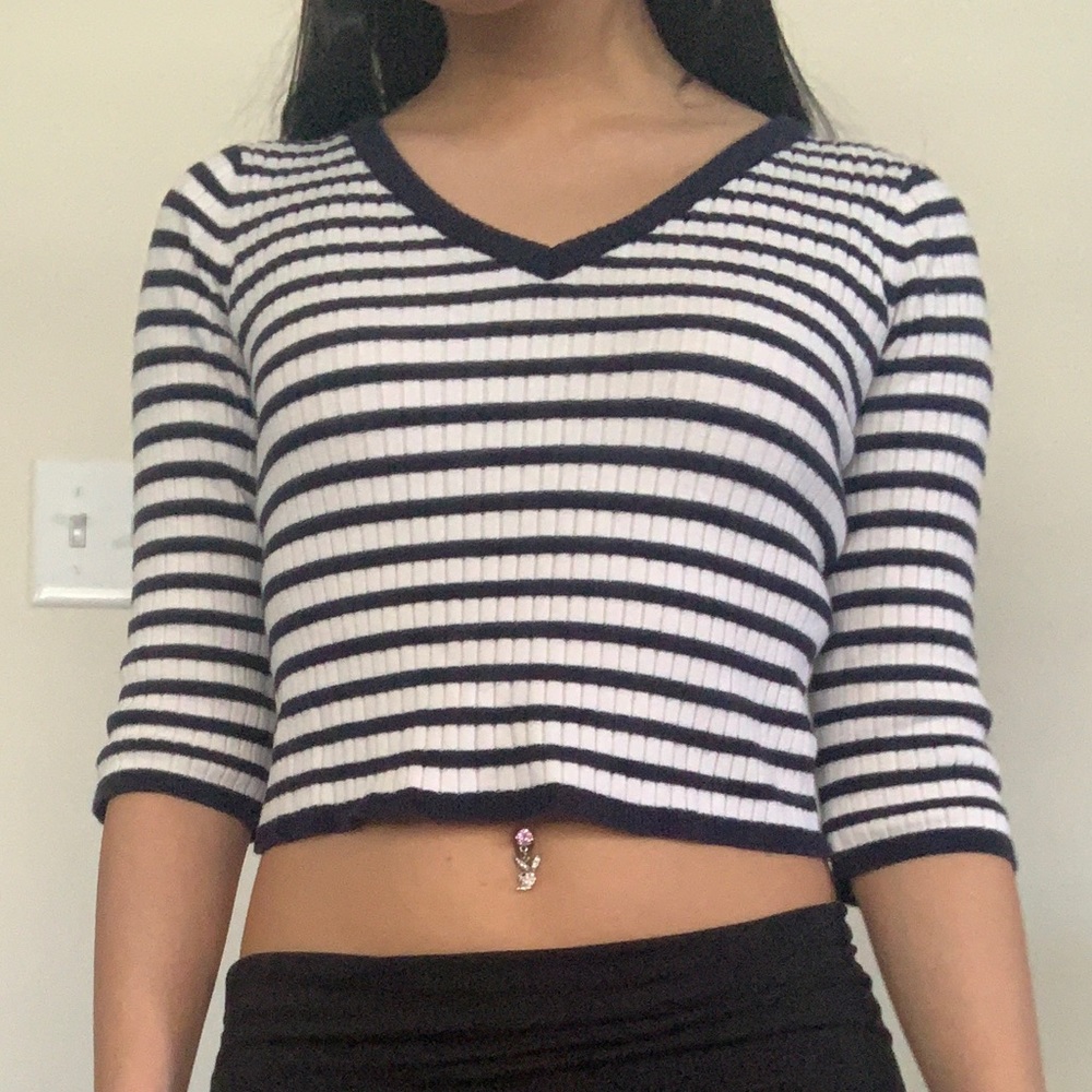 navy blue and white striped long sleeve croptop